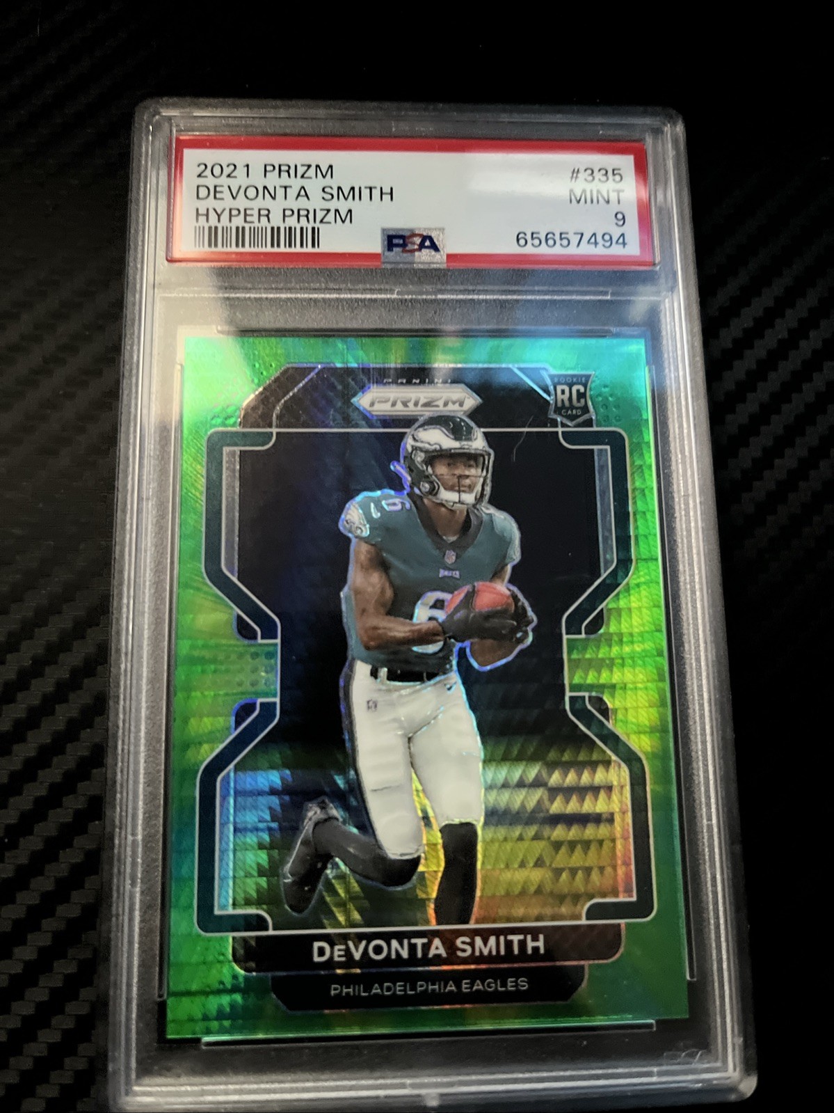 2021 Panini Prizm Green Hyper Devonta Smith RC/175. PSA 9