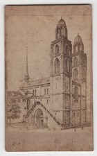 Antique CDV Grossmunster Zurich Switzerland Cathedral Architectural Etching
