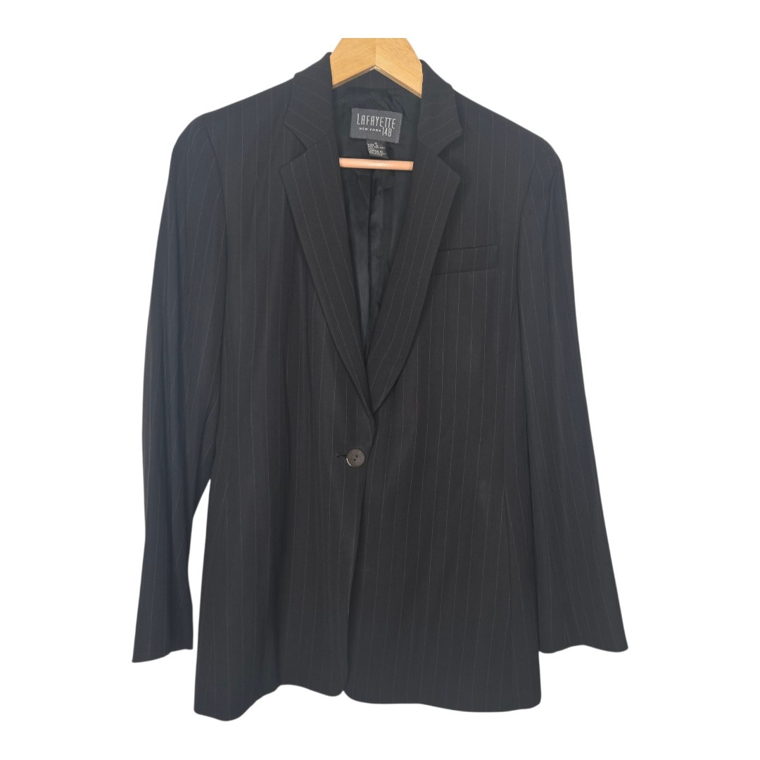 Lafayette 148 Womens Navy Blue Pinstriped Wool Blend Blazer Size 4