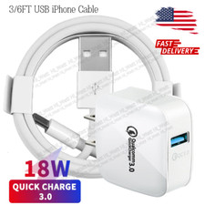 3/6Ft USB Charger Cable QC3.0 Quick Fast Wall Charger For iPhone 12 11 8 7 iPad