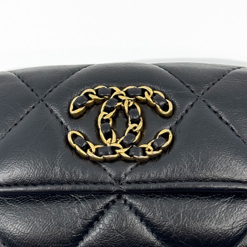 CHANEL Chanel 19 Trifold Compact Wallet Black Lambskin Leather Gold Authentic - Picture 6 of 24
