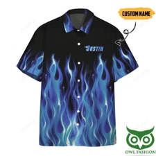 3D Hot Rod Blue Flame Bowling Hawaiian Shirt