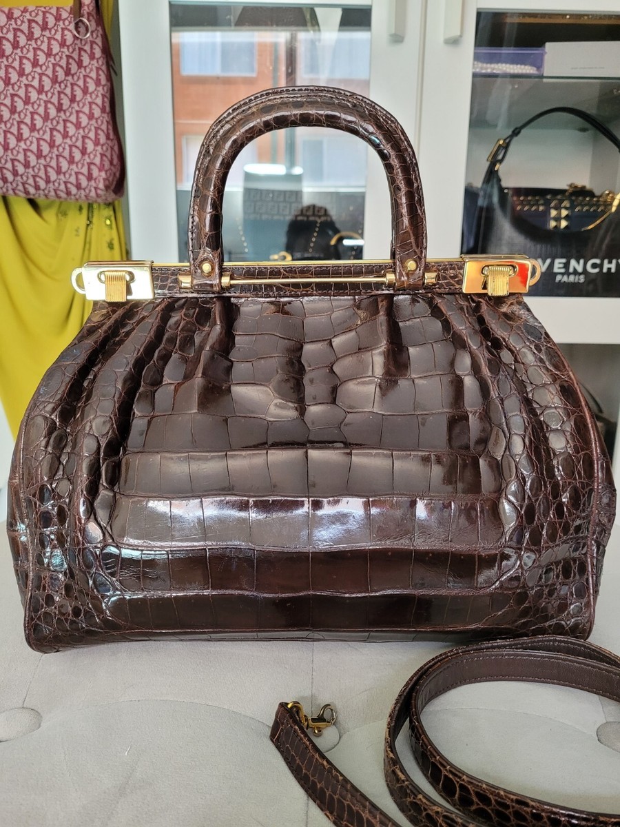 Vintage 1980s JRA Crocodile Skin Doctor Bag 29cm In Brown With