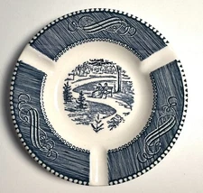 Vintage Currier & Ives Royal Blue 3 Slot Cigarette Ceramic Ashtray 1950's