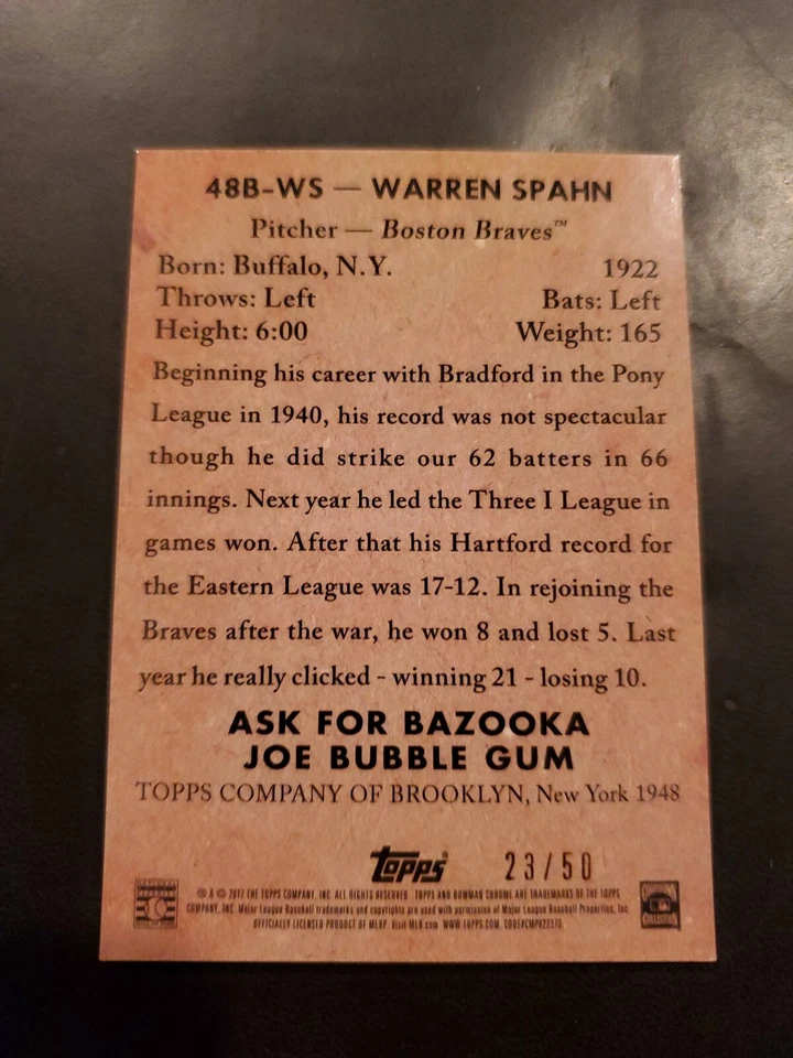 2017 Bowman 1948 Bowman Refractor  #48B-WS Warren Spahn Bos Braves Limited 23/50 - Image 2 of 2