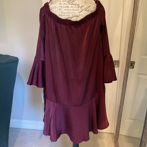 Spirit Of Grace Maroon Off Shoulder Bell Sleeve Flowing Dress Sz L - Picture 2 of 10