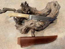 Custom Damascus Steel Fillet Fishing Knife & leather sheath white bone handle