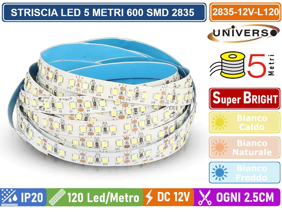 STRIP STRISCIA LED MONOCOLORE 5 METRI SMD 2835 120 LED METRO IP20 DC 12V - Immagine 2 di 4