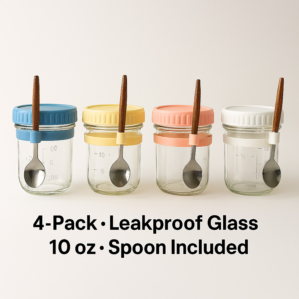 4 Pack 10 Oz Glass Overnight Oats Jars &ndash; Leakproof with Lids & Spoons