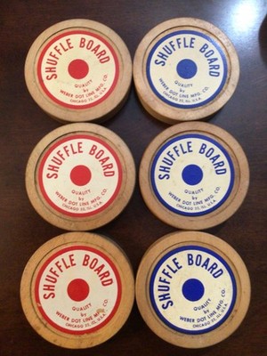 Lot of 6 Vtg Weber Dot Line Made in USA Shuffleboard Pucks 4'' Diar 7/8'' Tall