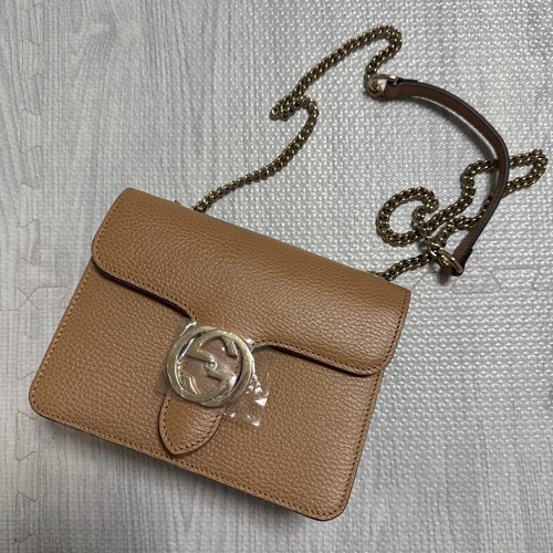 GUCCI Interlocking G Chain Shoulder Bag Leather Beige