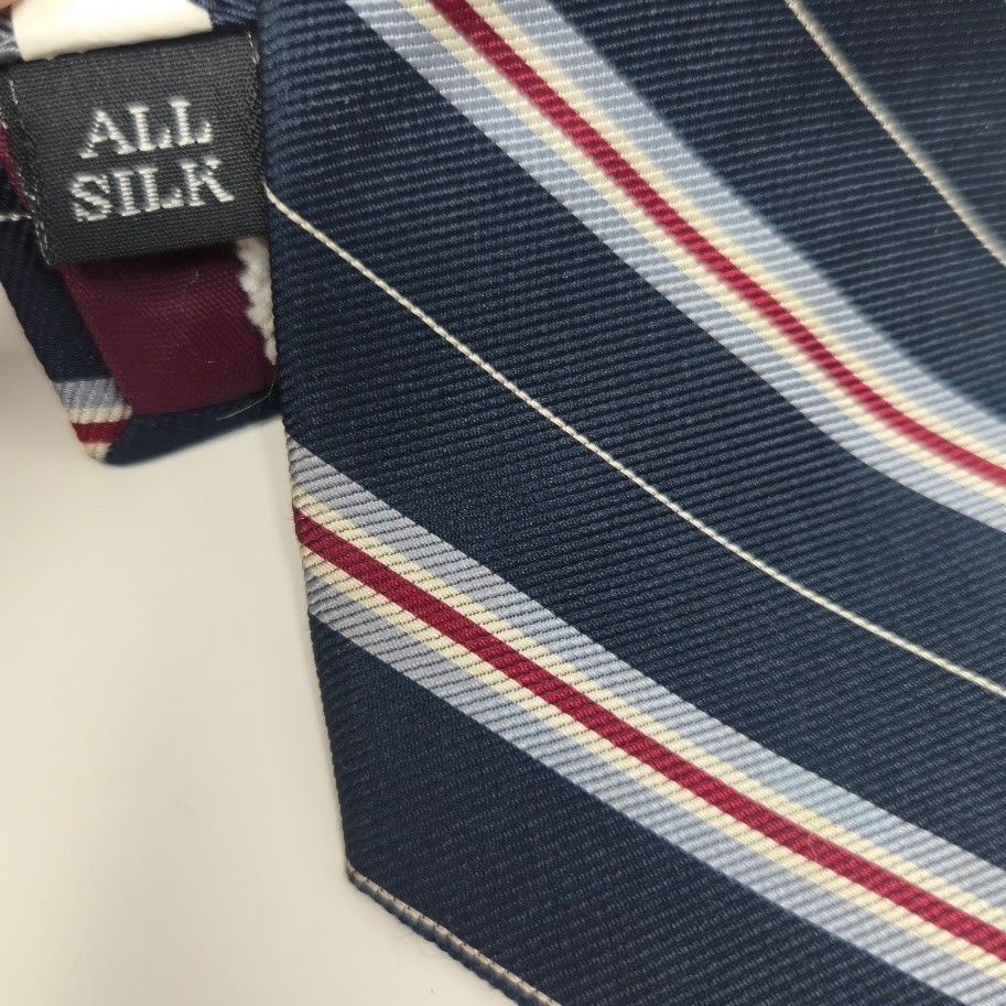 BERT PULITZER Navy, Pale Blue, and Crimson Diagonal Repp Stripe All Silk Tie image 3