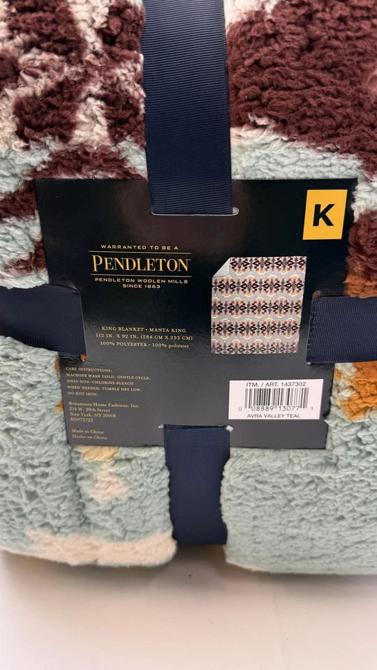 Pendleton King Blanket Avra Valley Teal 112x92 Soft Plush Sherpa Southwest Aztec - Image 4 of 4