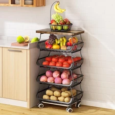 Fruit Basket Kitchen Pantry Organizers and Storage - Wooden Top Table, Stacka...