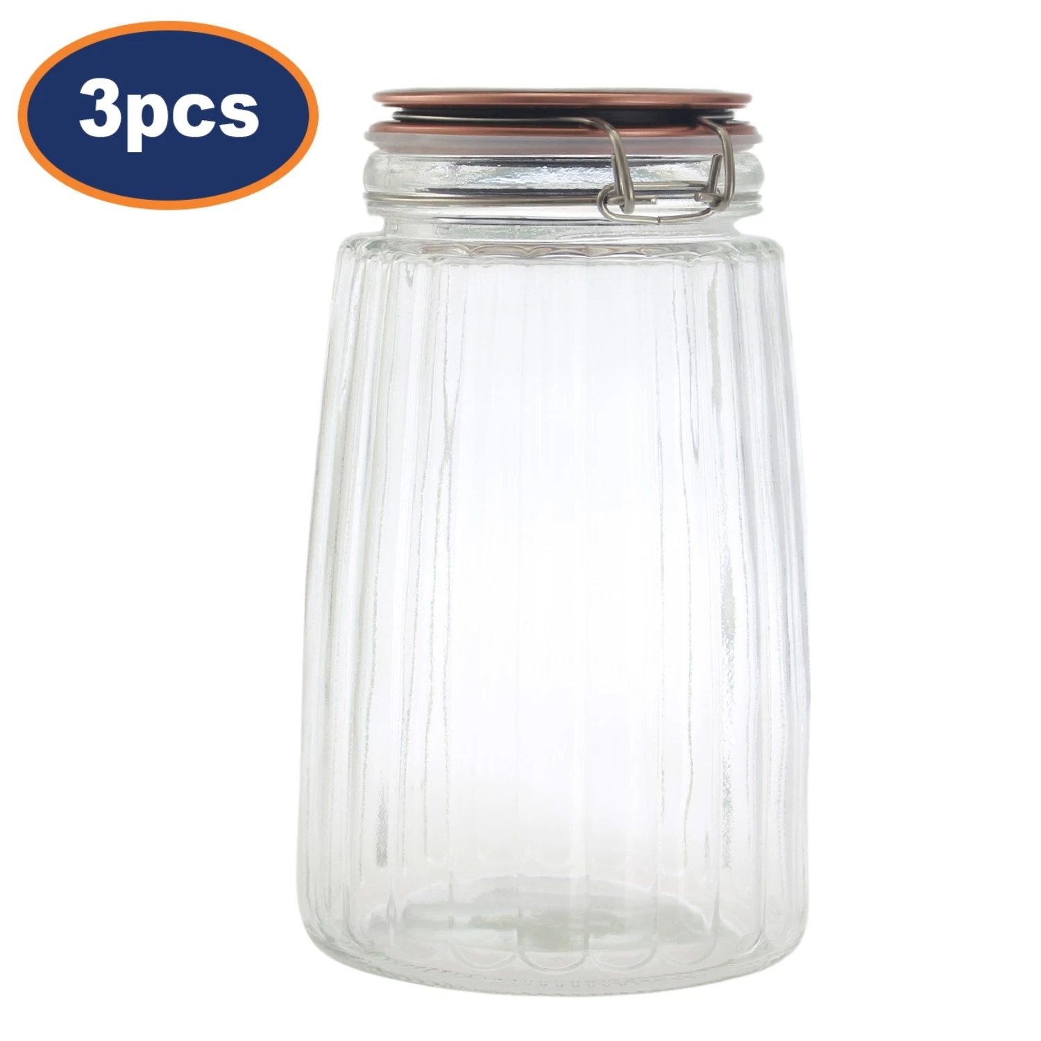 Storage Jar Glass 1.8L Airtight Copper Clip Top Lid Tea Rice Flour Preserve 3pcs