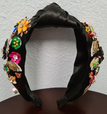 NWOT Rhinestone Sequin Floral Wedding Prom Crystal Thick Black Satin Headband