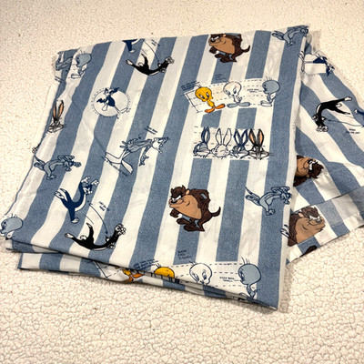 Looney Tunes Full Flat Sheet Blue Stripe Drawing Comics 1996 Vintage Bibb Co USA