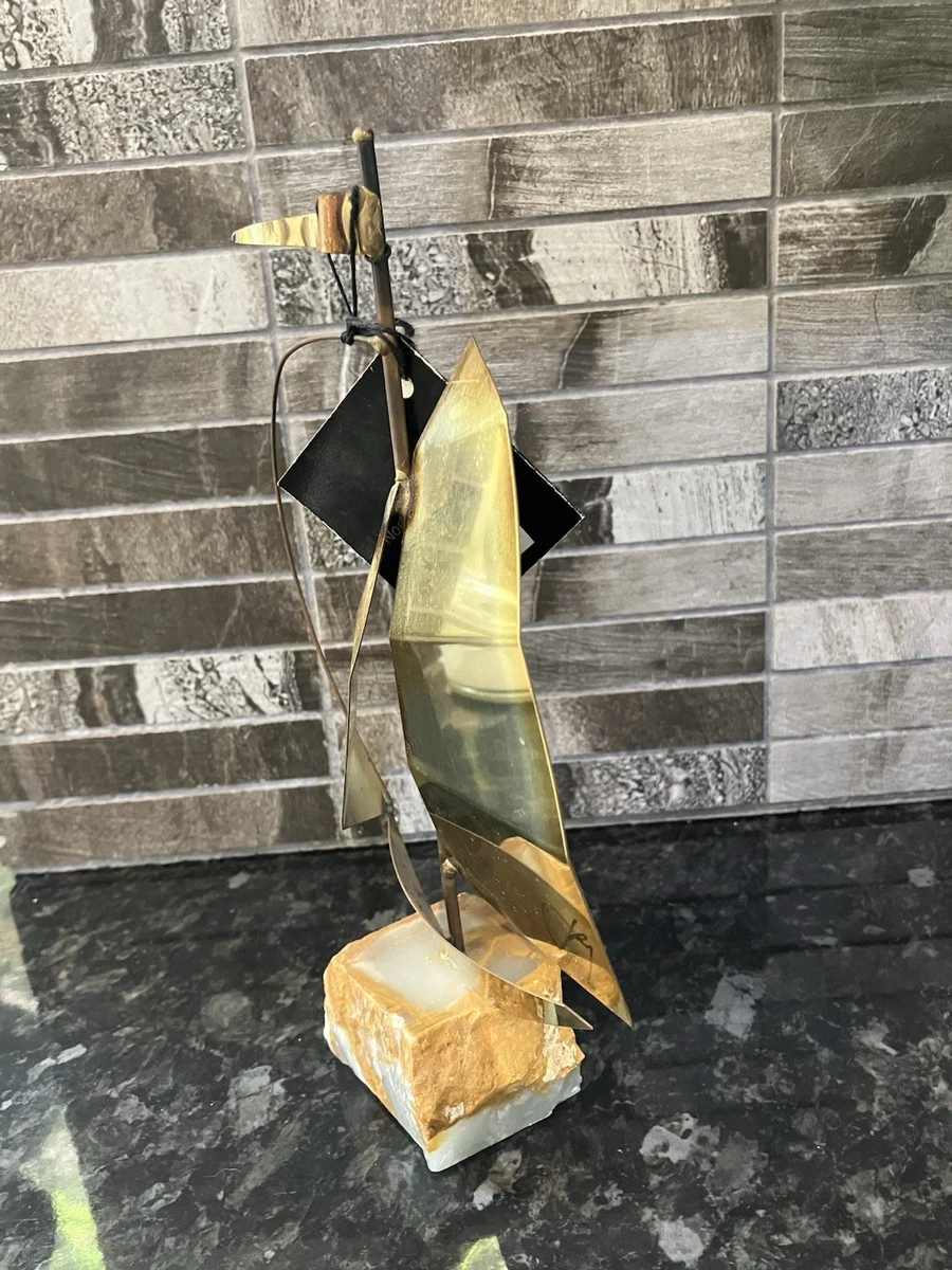 Vintage MCM Signd Mario Jason Torch Cut Brass Sailboat Sculpture Onyx Base w Tag