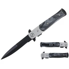 7.25" Stiletto Style Black Blade Spring Assisted Folding Knife With Black Wood 