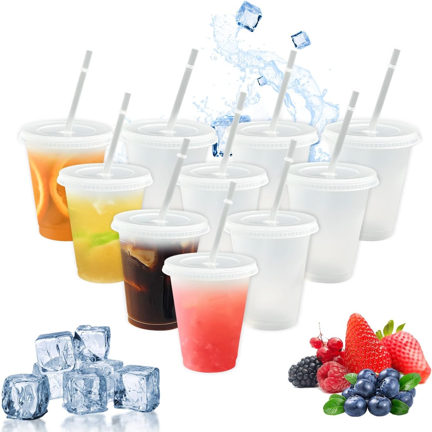 10Pcs Plastic Cups with Lids and Straws, 480ml 16oz Reusable Party Drinking Tum