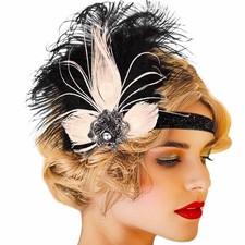 GENBREE 1920s Feather Headpiece Great Gatsby Headband Flapper One Size, White