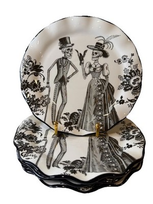 Set of 4 Potter's Studio Halloween VICTORIAN SKELETON Salad Plates Specks -Gold
