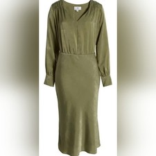 Socialite Olive Green Satin Jacquard V-Neck Midi Dress Long Sleeve NWT Small