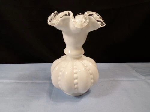 Fenton Milk Glass Silver Crest Beaded Melon Vase 6 1/4" Tall