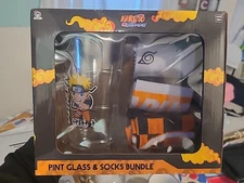 Naruto Shippuden Uzumaki 16 oz Pint Glass and Set of 3 Crew Sock Bundle Gift Box