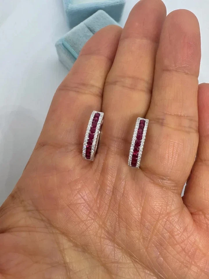 1Ct Round Cut Lab-Created Ruby Women Huggie Hoop Earrings 14K White Gold Plated - Image 4 of 4