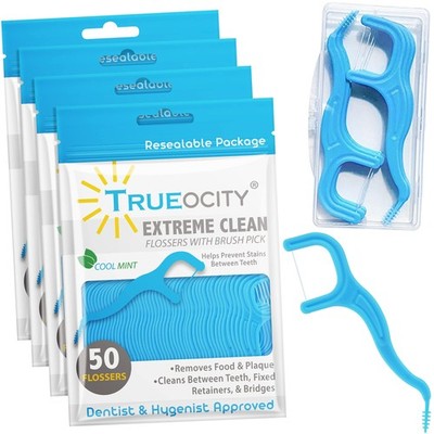 Dental Floss Picks for Adults with Brush Picks, 50 Count (Pack of 4), Blue 