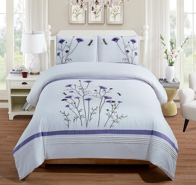 Fancy Linen 3pc Embroidery Queen Off White Purple Lavender Duvet