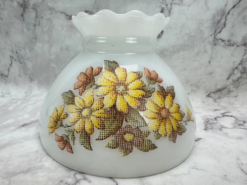 Vintage 8" Milk Glass Hurricane Oil Lamp Shade with Floral Yellow Daisy Pattern