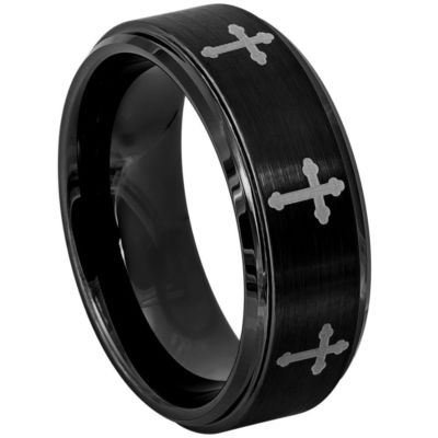 Tungsten Ring Unisex Black IP Plated Flat Brush Center 8 Laser Engraved Crosses