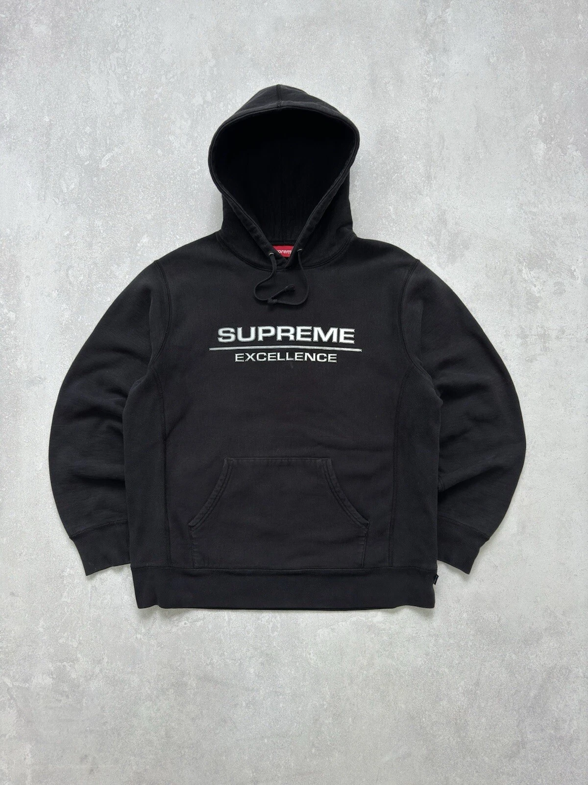 Authentique sweat à capuche vintage délavé teint vêtement Supreme Excellence noir