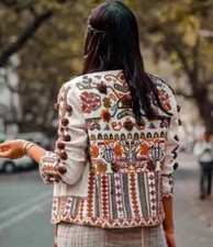 Zara Woman Ivory Boho Aztec Embroidered Pom Pom Blazer Kimono Jacket Size S 8 10