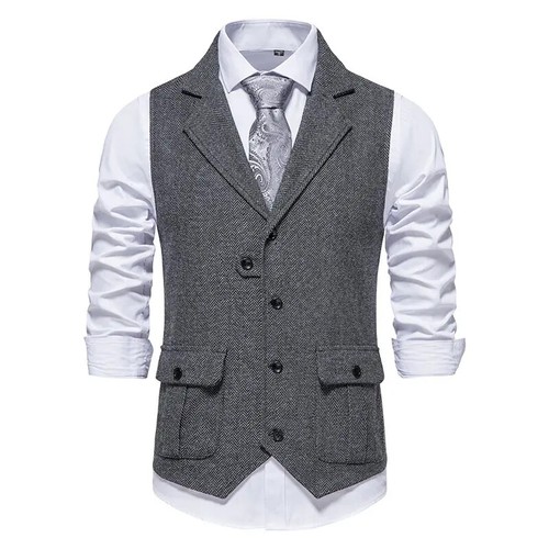 Men's Vest Tweed Lapel Casual Business Sleeveless Jacket Herringbone Vest Coat - Picture 28 of 32