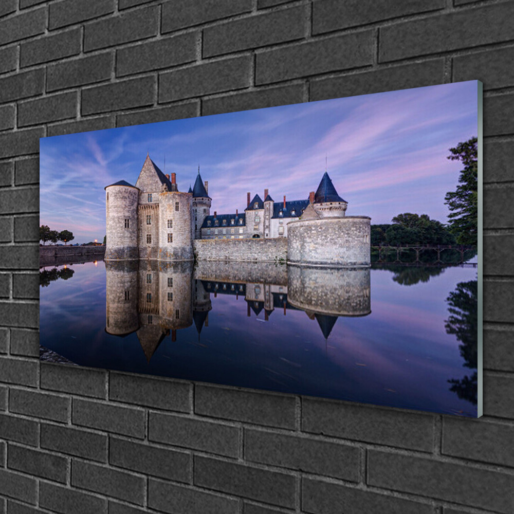 Tableau sur verre premium 100x50 architecture de château et paysage d'eau pour salon luxe