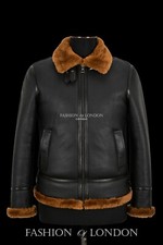 Men's B3 Sheepskin Jacket Black Dark Ginger Fur Aviator Military Bomber Style