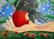 ORIGINAL 7x5 PAINTING EVE APPLE GARDEN OF EDEN WARBLER BIRD FLOWER ART BY LYOUNG