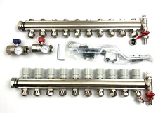 10-Branch PEX Radiant Floor Heating Manifold Set - Brass, with 1/2” PEX adaptors