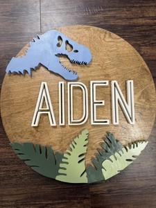AIDEN 18” Round Wood Kids Bedroom Wall Sign – Tropical Leaves & BLUE DINOSAUR