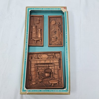 3 PC Miller Studio 3D Copper Chalk Ware Plaques Antique 1965 Beautiful 