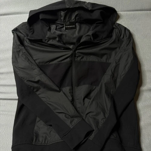 Emporio Armani Full Zip Hooded Jacket XL Black Mixed Media Nylon Knit Eagle Logo - product listing photo