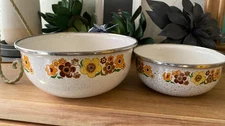 2x Vintage Crowning Touch Harvest Blossom 1970s Porcelain Enamel Mixing Bowl 