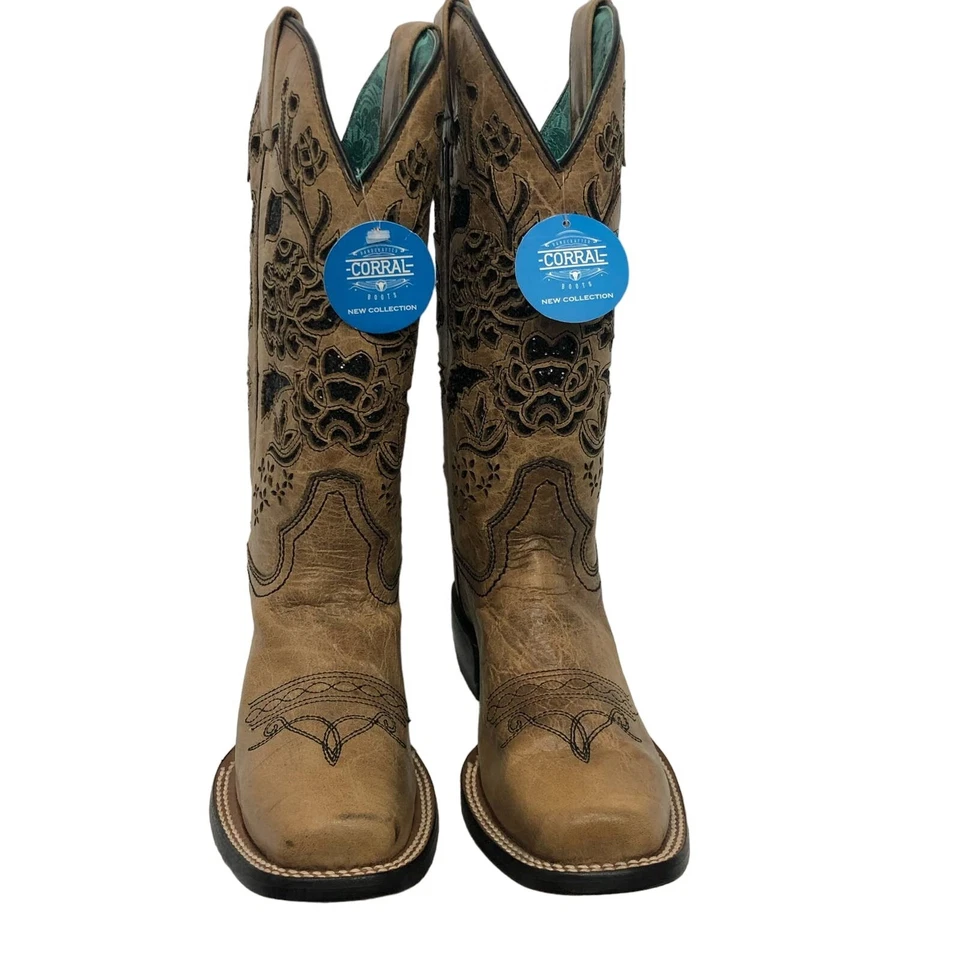 Botas vaqueras Corral para mujer de cuero arena con incrustación de brillo negro talla 7 Foto 4 de 4