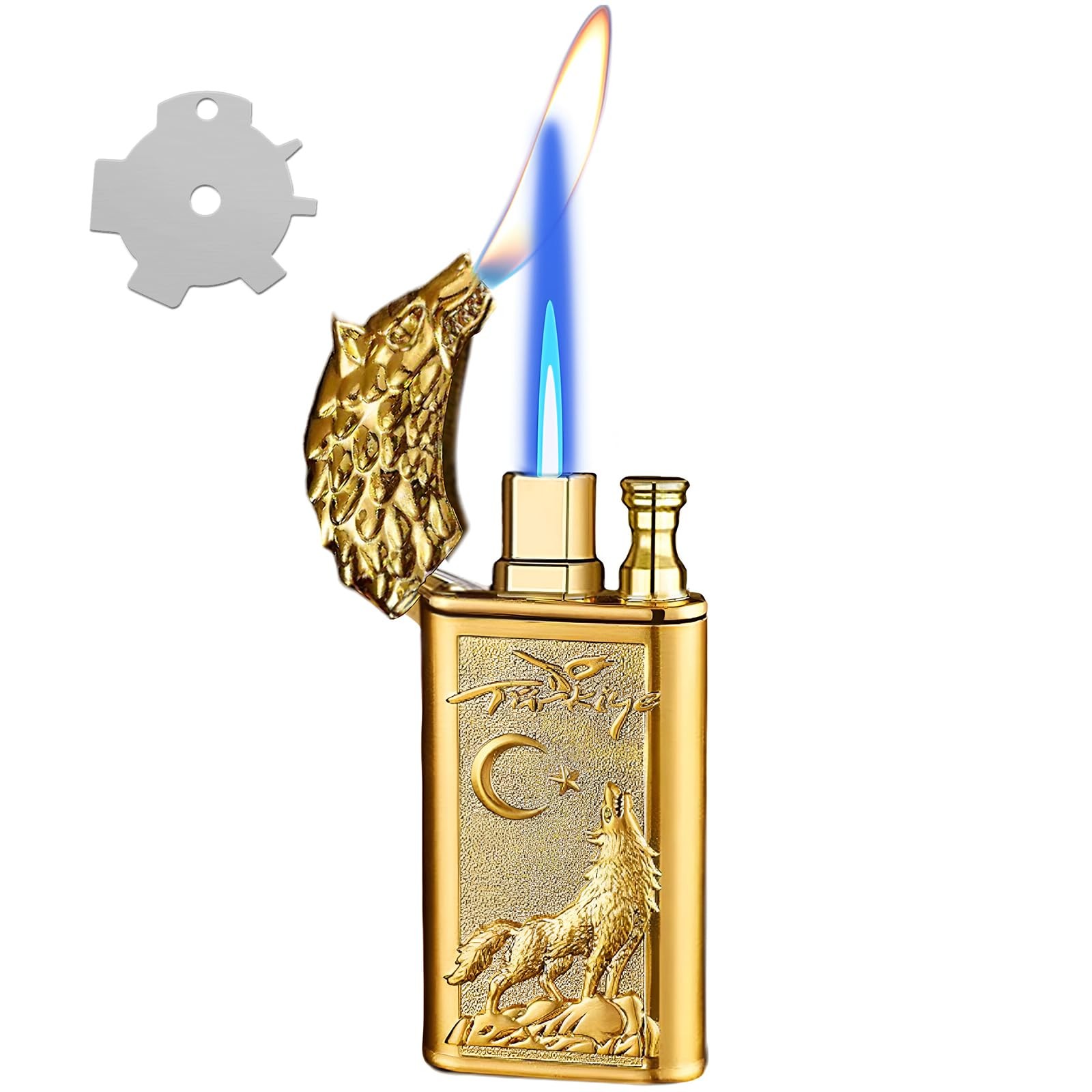 , Relief Wolf Design Magic Dual Flame Lighter With Adjusting Fla...