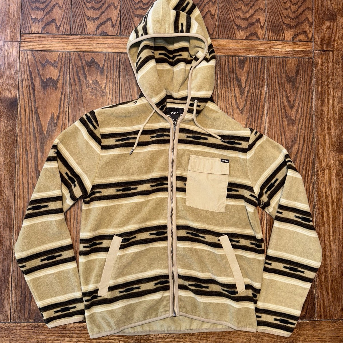 RVCA SHERPA FLEECE HAWTHORNE ZIP UP HOODIE JACKET AZTEC STRIPED