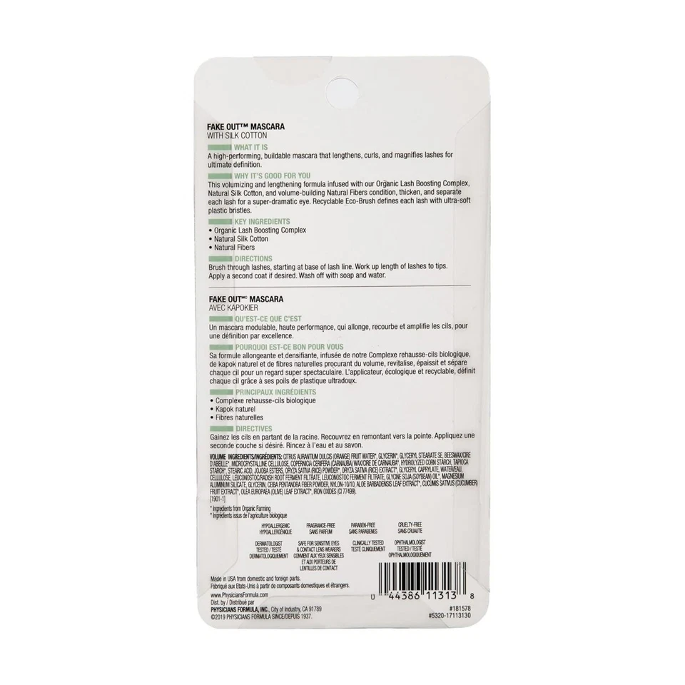 Physicians Formula Organic Wear Fake out Black Mascara Lengthens Curl Magnifies - Image 2 of 4