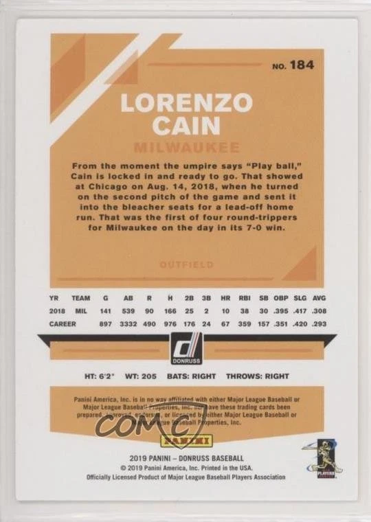 2019 Panini Donruss Artist Proof /10 Lorenzo Cain #184 - Image 2 of 2